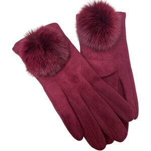 Womens Red Gloves Stretch Faux Suede with Fur Pompoms One Size